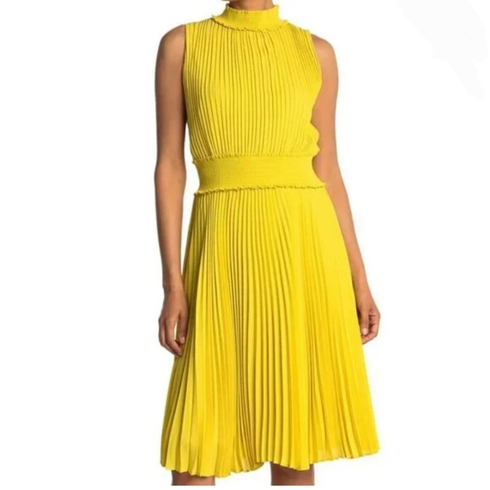 Nanette Nanette Lepore Smocked Mock Neck Yellow Sleeveless Pleated Midi Dress 8